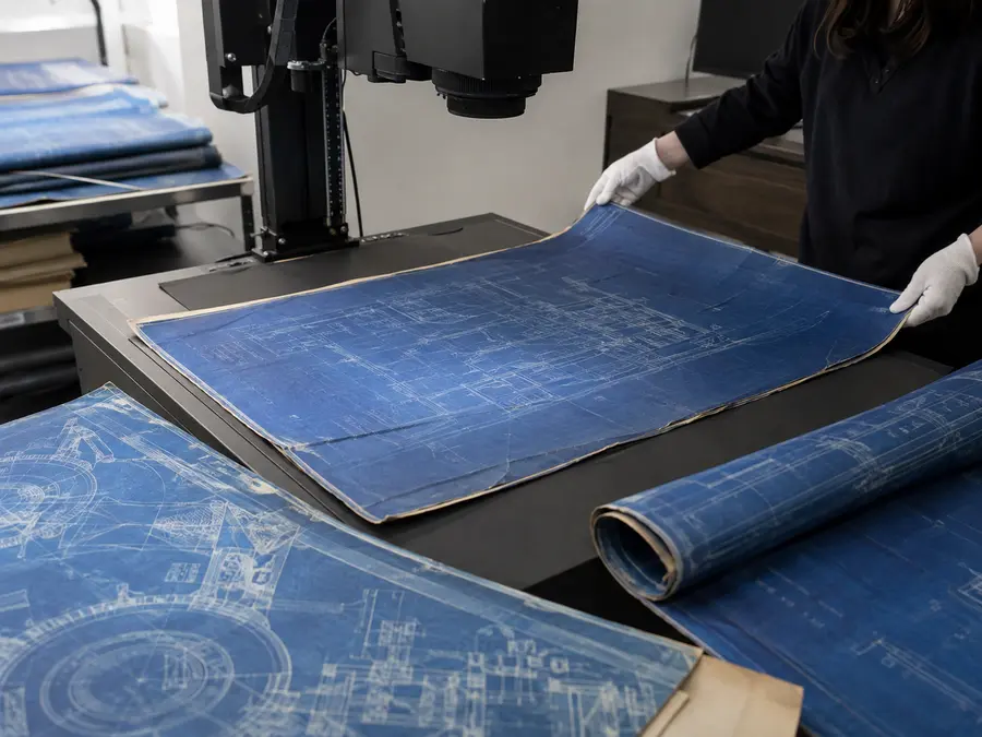 Historische blauwdrukken op een grootformaat opnametafel