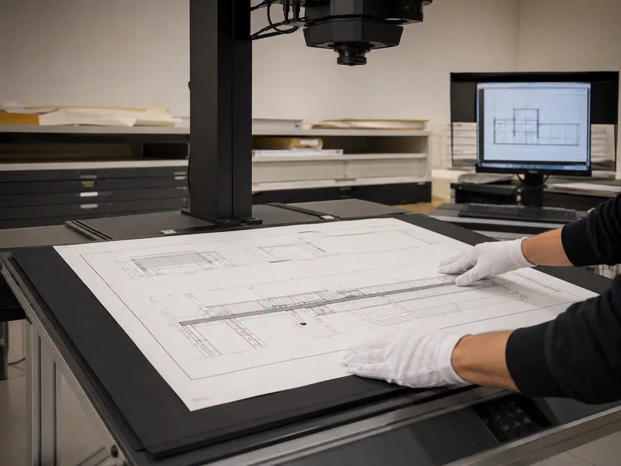 Grootformaat bouwtekening onder een overheadcamera